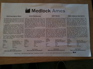 Medlock Ames tasting sheet Medlock Ames tasting sheet